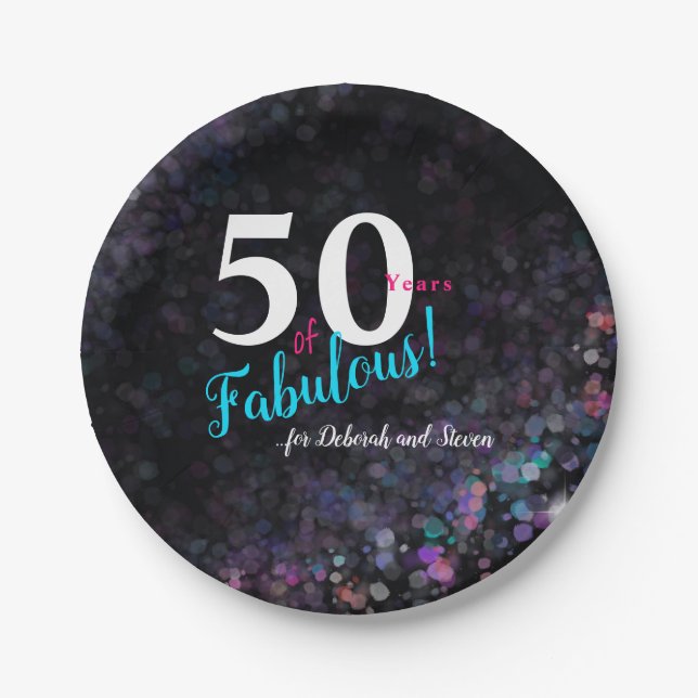 Fifty fabulous years pink, silver teal glitter paper plates (Front)