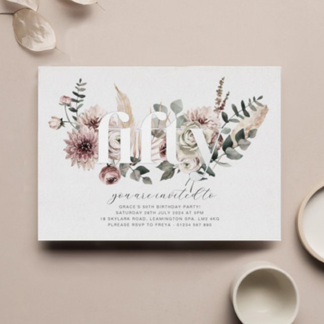 Fifty Florals - 50th Birthday - Silver Foil Invitation (Creator Uploaded)