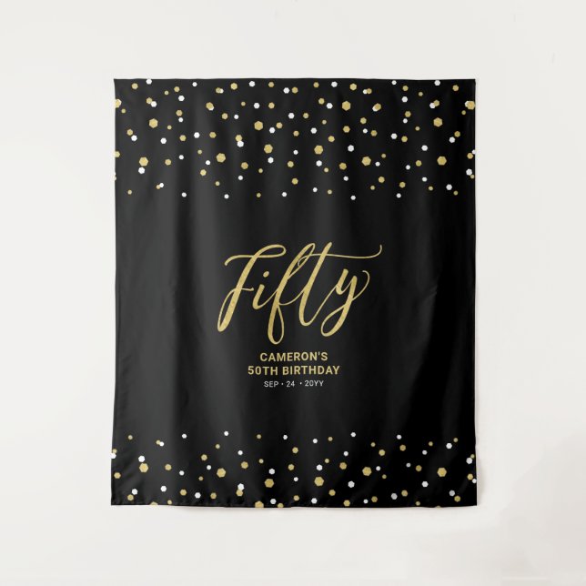 Fifty | Gold & Black 50th Birthday Party Backdrop (Front)