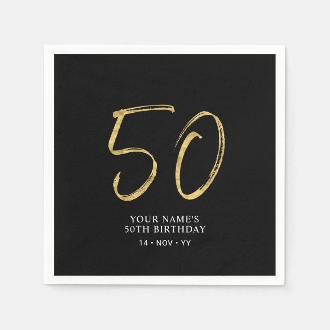 Fifty | Gold & Black Lettering 50th Birthday Party Napkins (Front)
