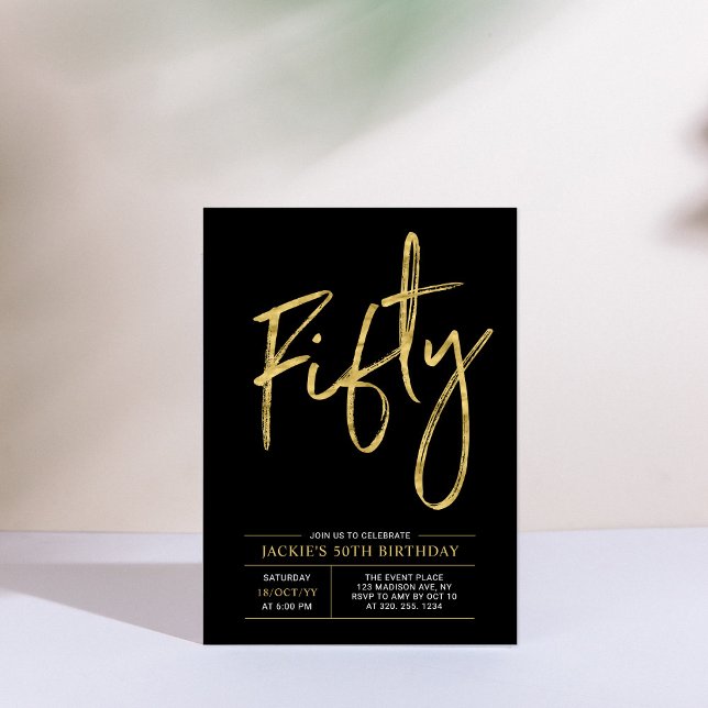 Fifty | Gold & Black Modern 50th Birthday Party Invitation (Creator Uploaded)