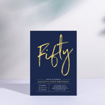 Fifty | Gold & Blue Modern 50th Birthday Party Invitation by BaraBomDesign at Zazzle