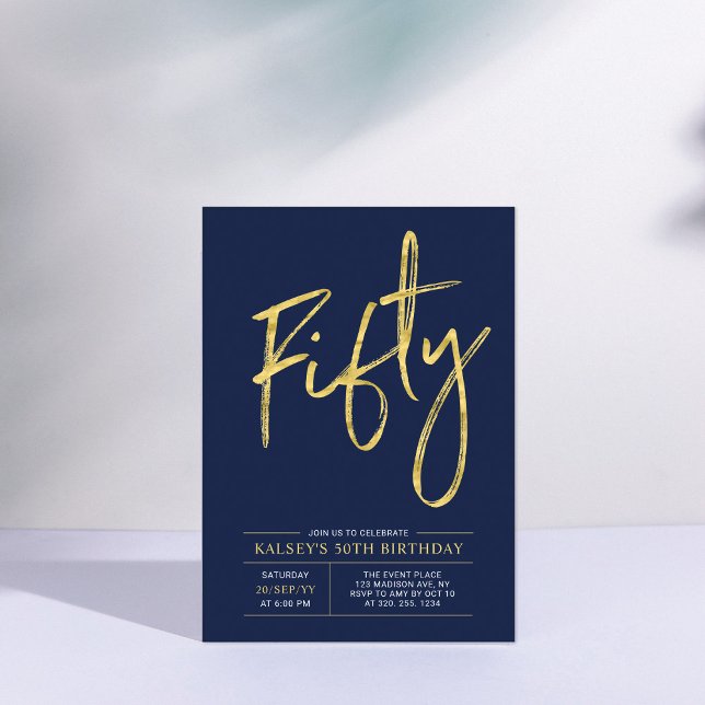 Fifty | Gold & Blue Modern 50th Birthday Party Invitation (Creator Uploaded)