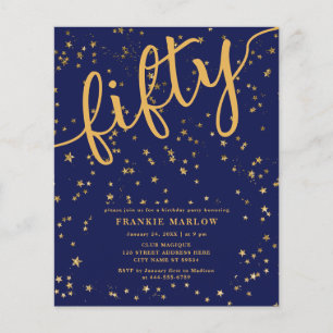 Fifty Gold Blue Modern 50th Birthday Party Invite