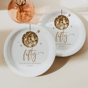 Fifty Gold Disco Ball 50th Birthday Party Paper Plates