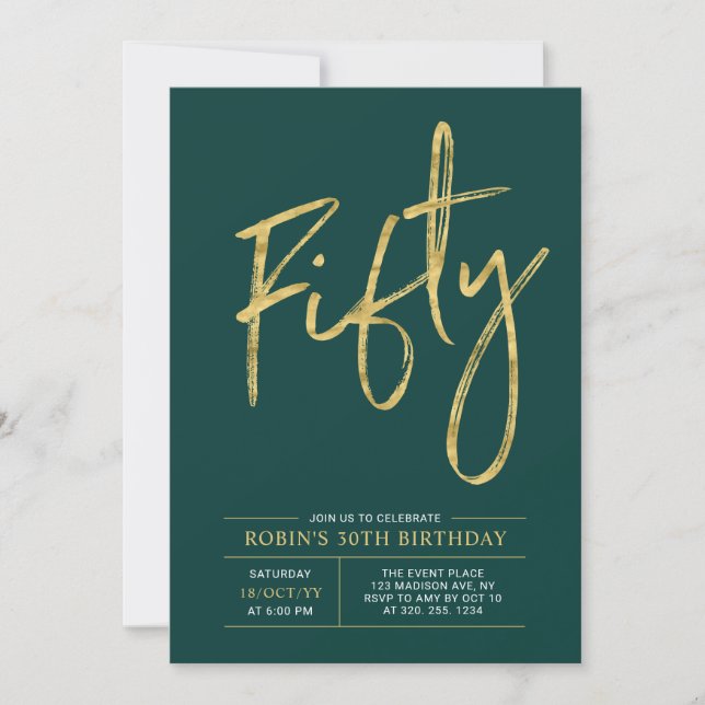 Fifty | Gold & Green Modern 50th Birthday Party Invitation (Front)