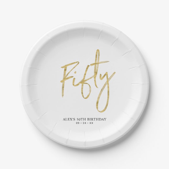 Fifty Gold Lettering 50th birthday Paper Plates (Front)