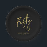 Fifty Gold Lettering 50th birthday Paper Plates<br><div class="desc">This custom paper plate will add stylish detail to the modern gold 50th birthday. This design features simple chic lettering "Fifty" with custom text. Matching invitations and party supplies are available in my shop BaraBomDesign.</div>