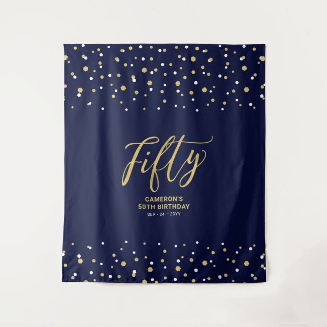 Fifty | Gold & Navy 50th Birthday Party Backdrop (Front)