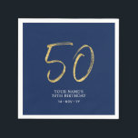 Fifty | Gold & Navy Blue Lettering 50th Birthday Napkins<br><div class="desc">This simple custom napkin will add stylish details to your 50th birthday party. This design features gold chic lettering "50" with custom text on a navy blue background. Matching invitations and party supplies are available in my shop BaraBomDesign.</div>