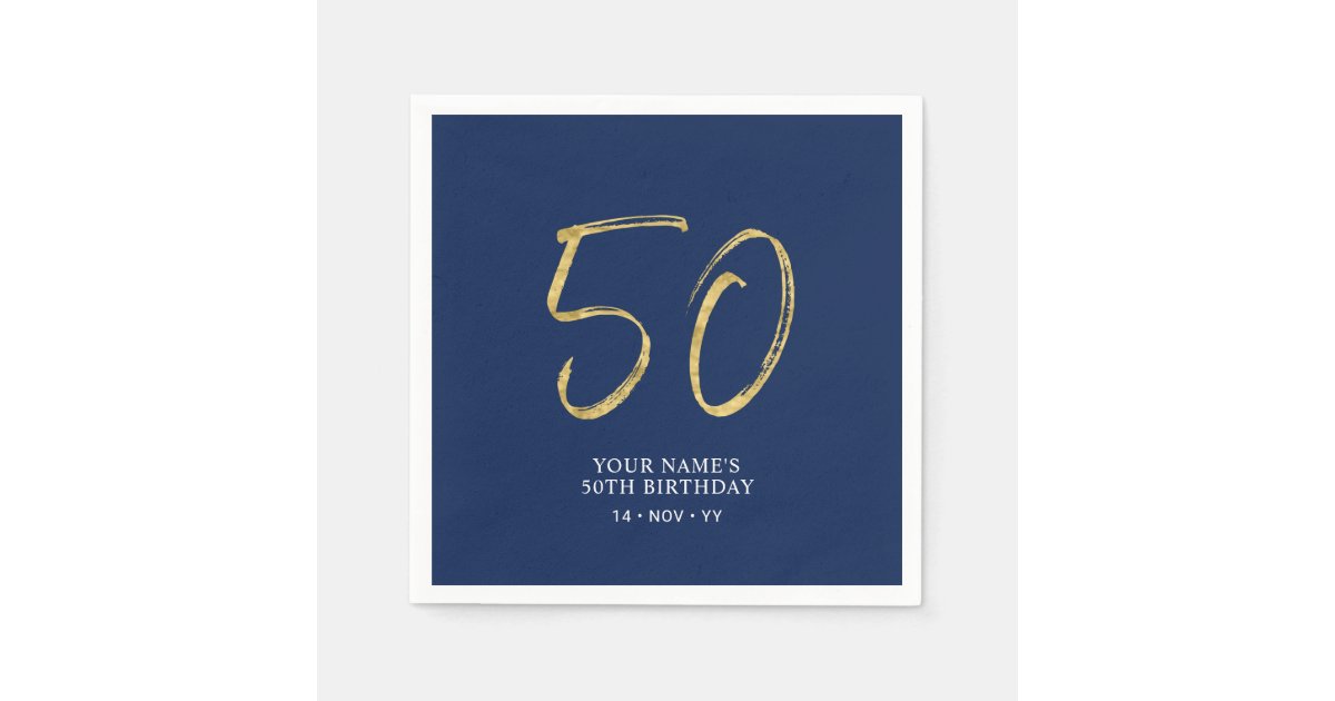 Fifty | Gold & Navy Blue Lettering 50th Birthday Napkins | Zazzle
