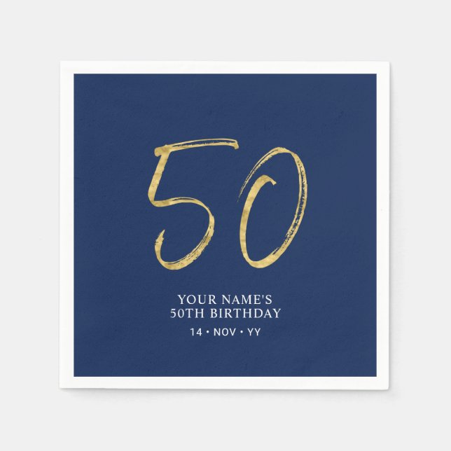 Fifty | Gold & Navy Blue Lettering 50th Birthday Napkins (Front)
