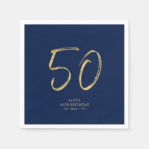 Fifty  Gold  Navy Blue Lettering 50th Birthday Napkins