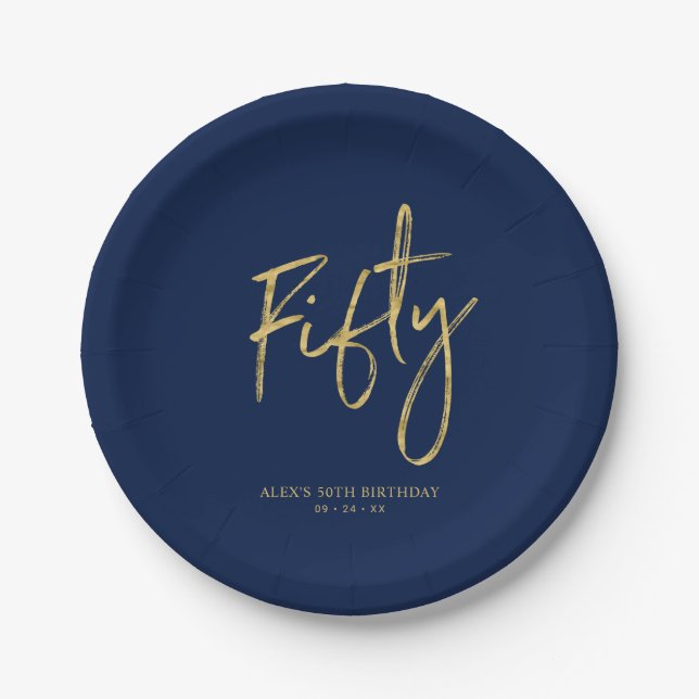 Fifty | Gold & Navy Blue Lettering 50th Birthday Paper Plates (Front)