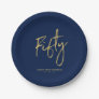Fifty | Gold & Navy Blue Lettering 50th Birthday Paper Plates