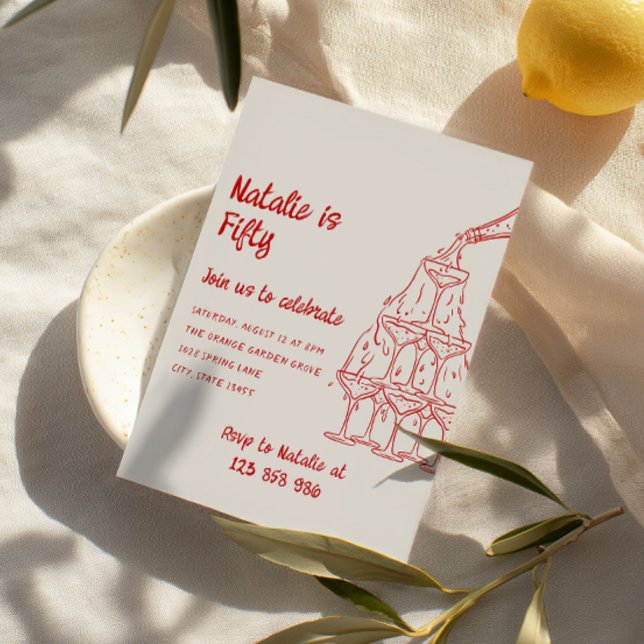 Fifty Hand Drawn Champagne Tower 50th Birthday Invitation (Creator Uploaded)