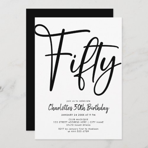 Fifty Modern 50th Black and White Birthday Party  Invitation