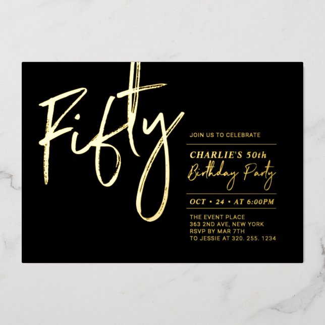 Fifty | Modern Black Gold 50th Birthday Party Foil Invitation (Front)