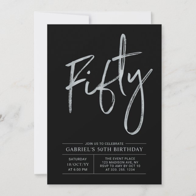 Fifty | Modern Black & Silver 50th Birthday Party Invitation (Front)