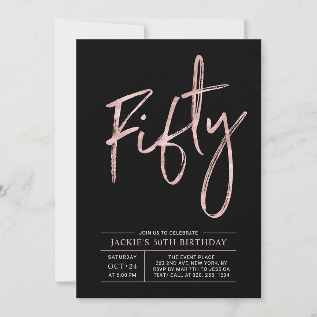 Fifty | Modern Brush Rose Gold 50th Birthday Party Invitation (Front)