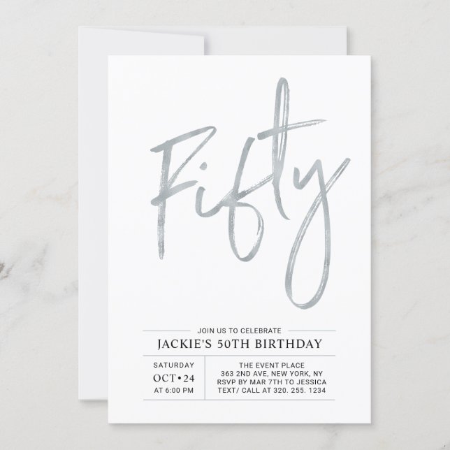 Fifty | Modern Brush Silver 50th Birthday Party Invitation (Front)