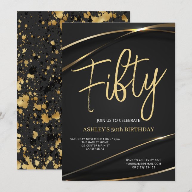 Fifty Modern Gold Black 50th Birthday Invitation (Front/Back)