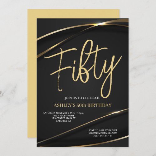 Fifty Modern Gold Black 50th Birthday Invitation