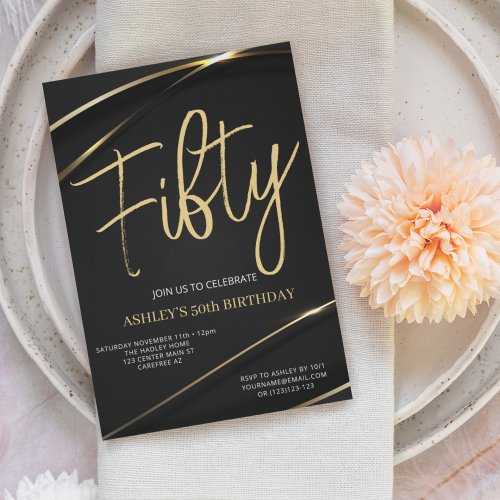 Fifty Modern Gold Black 50th Birthday Invitation