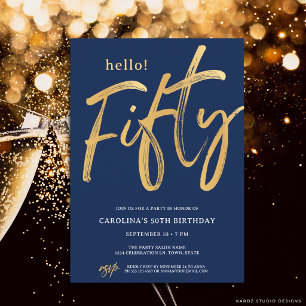 Fifty Modern Gold Blue 50th Birthday Party Invitation