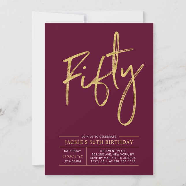 Fifty | Modern Gold & Burgundy 50th Birthday Party Invitation (Front)
