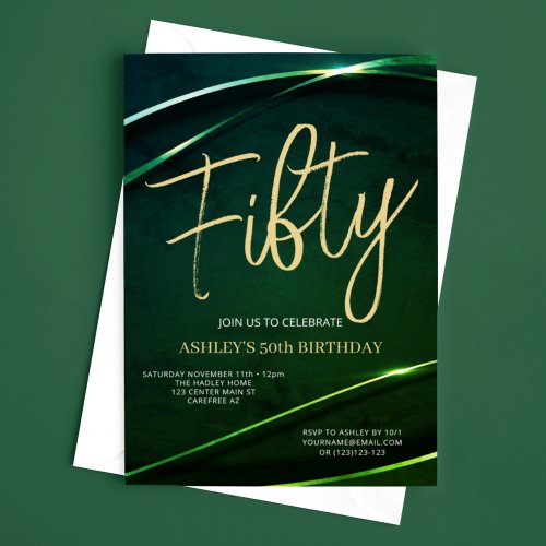 Fifty Modern Gold Green 50th Birthday Invitation