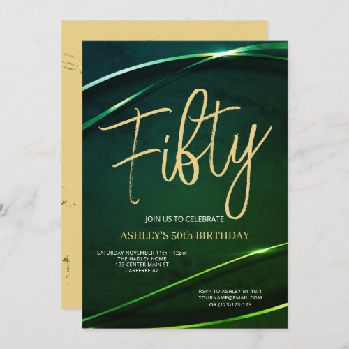 Fifty Modern Gold Green 50th Birthday Invitation