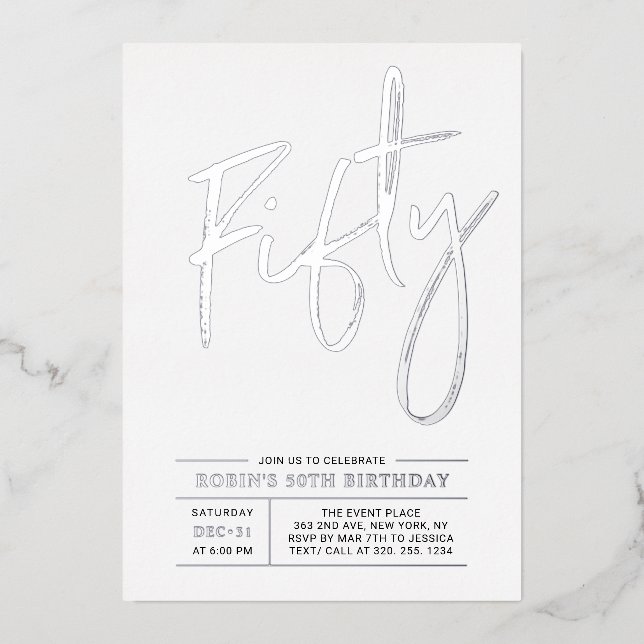 Fifty | Modern Silver 50th Birthday Party Foil Invitation (Front)