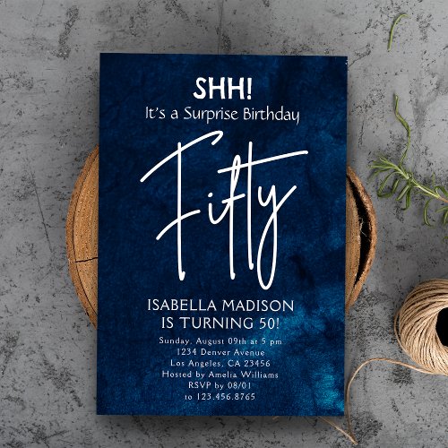 Fifty  Navy Blue 50th Birthday Surprise Party Invitation