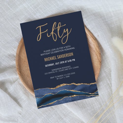 Fifty  Navy Blue Gold Agate Mens 50th Birthday Invitation