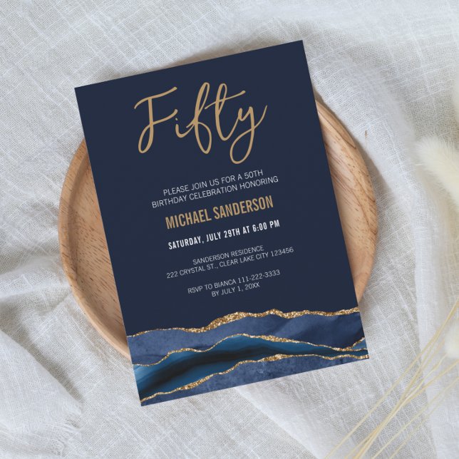 Fifty | Navy Blue Gold Agate Men's 50th Birthday Invitation