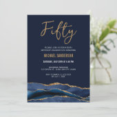 Fifty | Navy Blue Gold Agate Men's 50th Birthday Invitation (Standing Front)