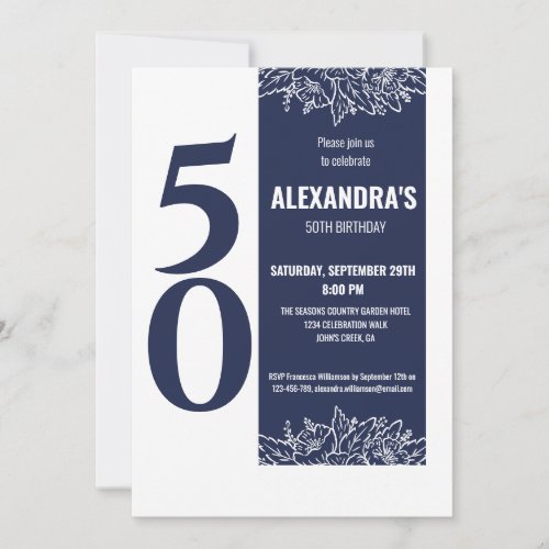 Fifty Navy Blue Modern Floral 50th Birthday Party Invitation