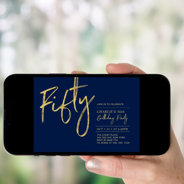 Fifty | Navy & Gold Modern 50th Birthday Party Invitation (Front Digital)