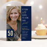 Fifty Photo Blue & Gold 50th Birthday Party Real Foil Invitation<br><div class="desc">Celebrate in style with these modern real foil 50th birthday party invitations featuring a chic blue background,  a photo of the birthday boy/girl,  the funny saying 'it took fifty years to look this good!',  and a simple text template that is easy to personalize.</div>