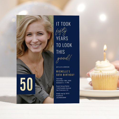 Fifty Photo Blue  Gold 50th Birthday Party Real Foil Invitation