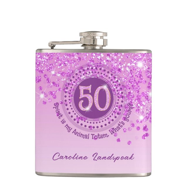 Fifty & Pink Glitter & Drinking Quote Flask (Front)