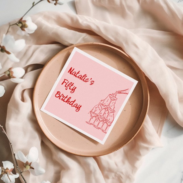 Fifty Pink Hand Drawn Champagne Tower Birthday  Napkins (Creator Uploaded)