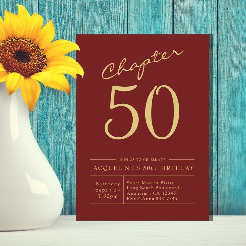 Fifty Red Gold 50th Birthday Party Invitation