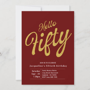 Fifty Red Gold Modern 50th Birthday Invitation