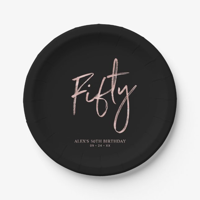 Fifty Rose Gold & Black 50th Birthday Party Paper Plates (Front)