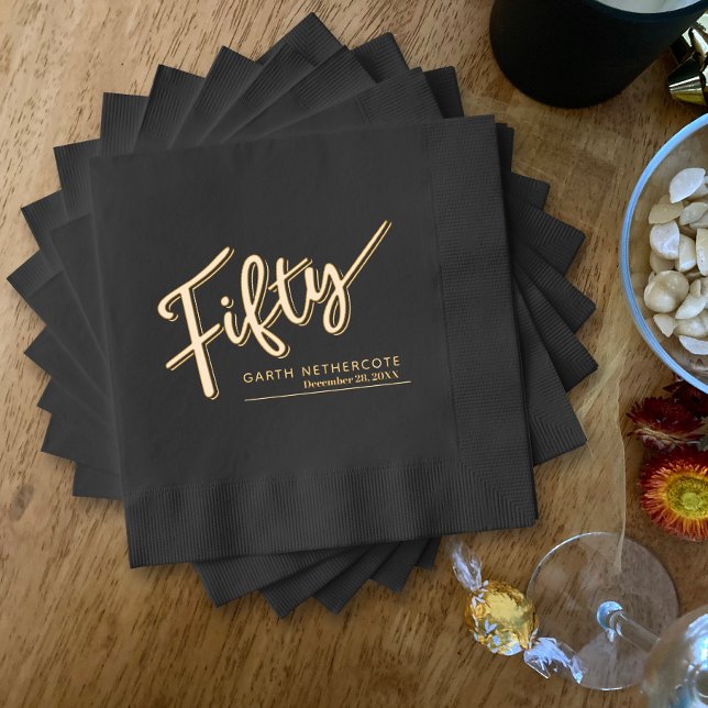Fifty script text 50th Birthday custom name date  Foil Napkins (Creator Uploaded)