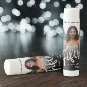 Fifty silver colored script photo birthday favor lip balm
