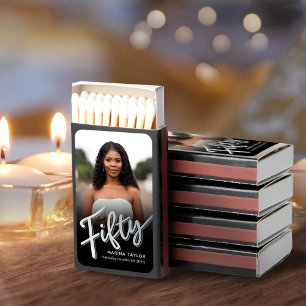 Fifty silver colored script photo birthday favor matchboxes