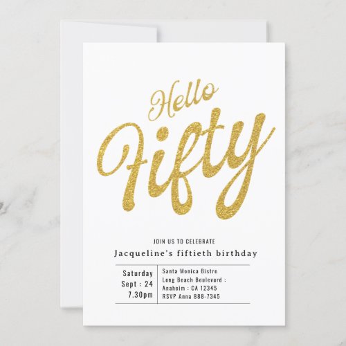 Fifty White And Gold Modern 50th Birthday Invitation